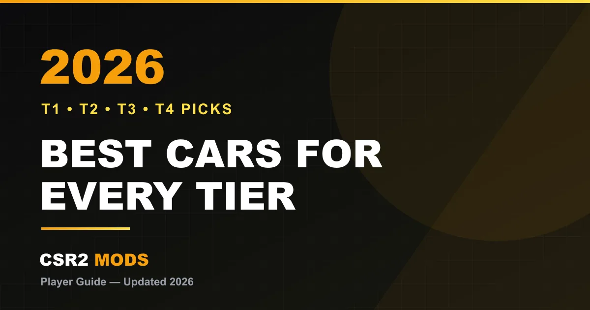 CSR2 best cars for every tier 2026 — fastest T1, T2, T3 and T4 picks with times and live race favourites