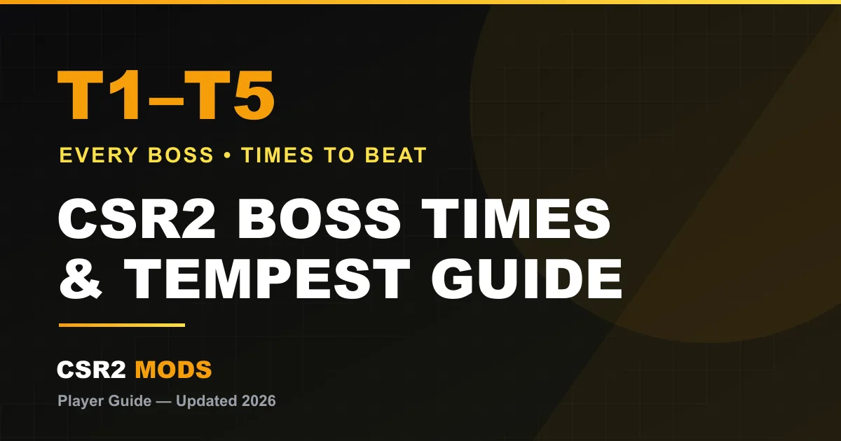 CSR2 boss times guide — every story and Tempest boss, the times to beat and the cars you can win