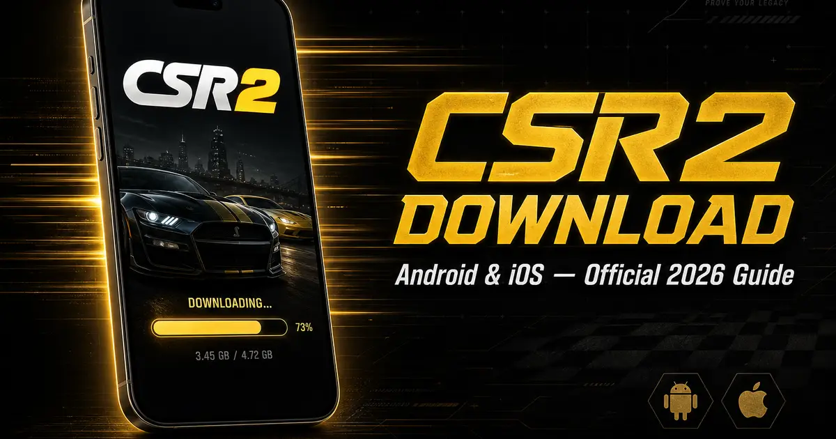 CSR2 download guide 2026 — official Android and iOS install links with smartphone showing CSR Racing 2