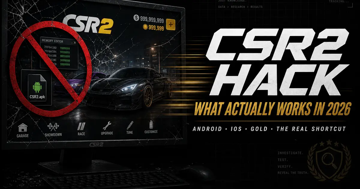 CSR2 hack — broken memory editor and mod APK icons crossed out with gold racing game in background