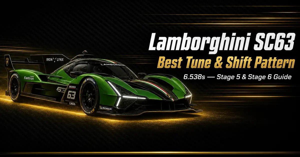 CSR2 Lamborghini SC63 best tune and shift pattern guide — 6.538s Stage 6 fully maxed