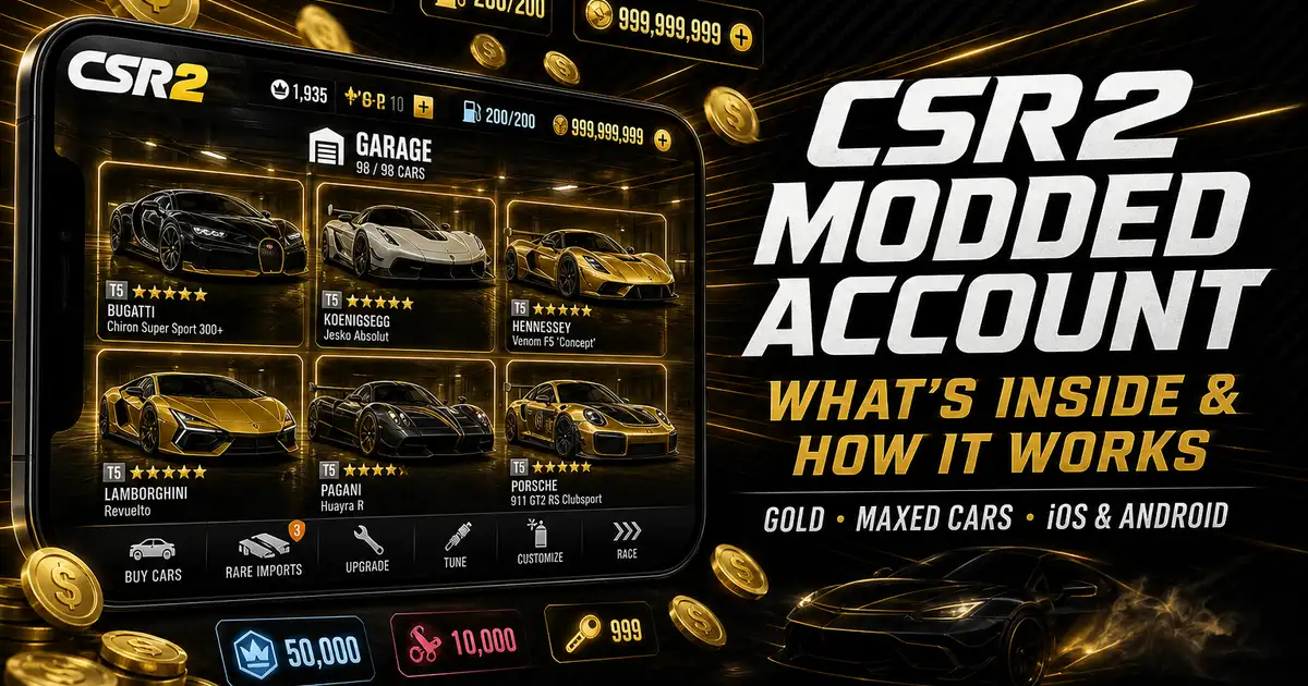 CSR2 modded account with full T5 garage, gold balance and maxed cars shown on smartphone screen