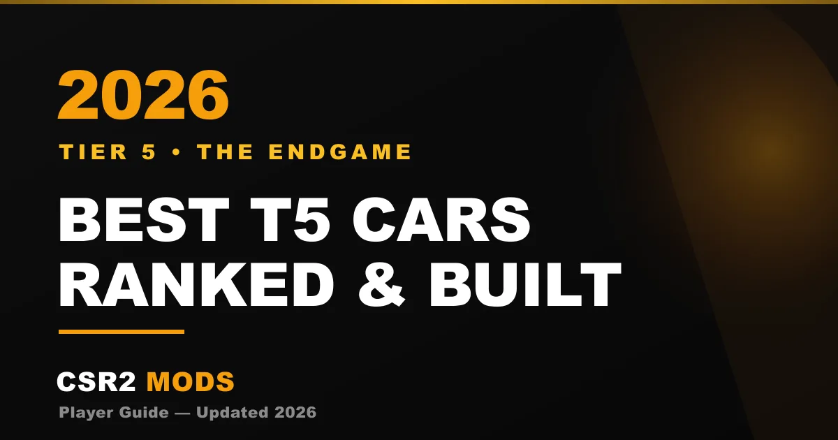 CSR2 best T5 cars 2026 — the elite sub-6.7 second Tier 5 cluster ranked and how to build them