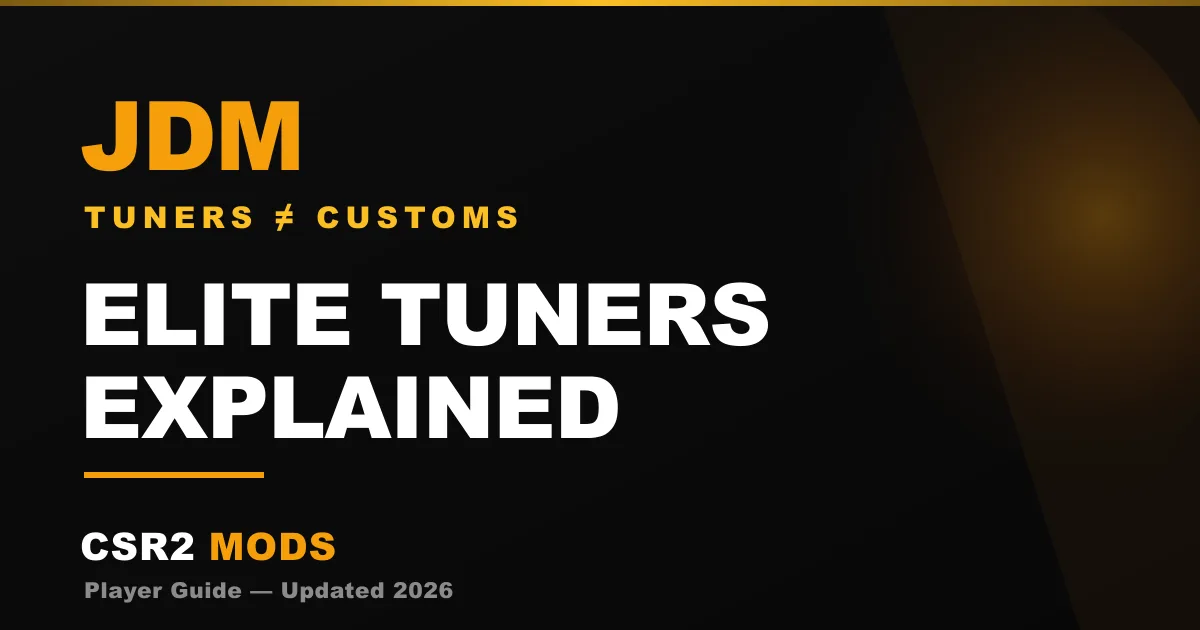 CSR2 Elite Tuners explained — the tuner car line, body kits and events, and how it differs from Elite Customs