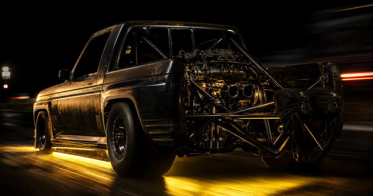 CSR2 Honda Hoonigan Indy Truck — custom pickup with exposed mid-engine on a dark drag strip with gold lighting