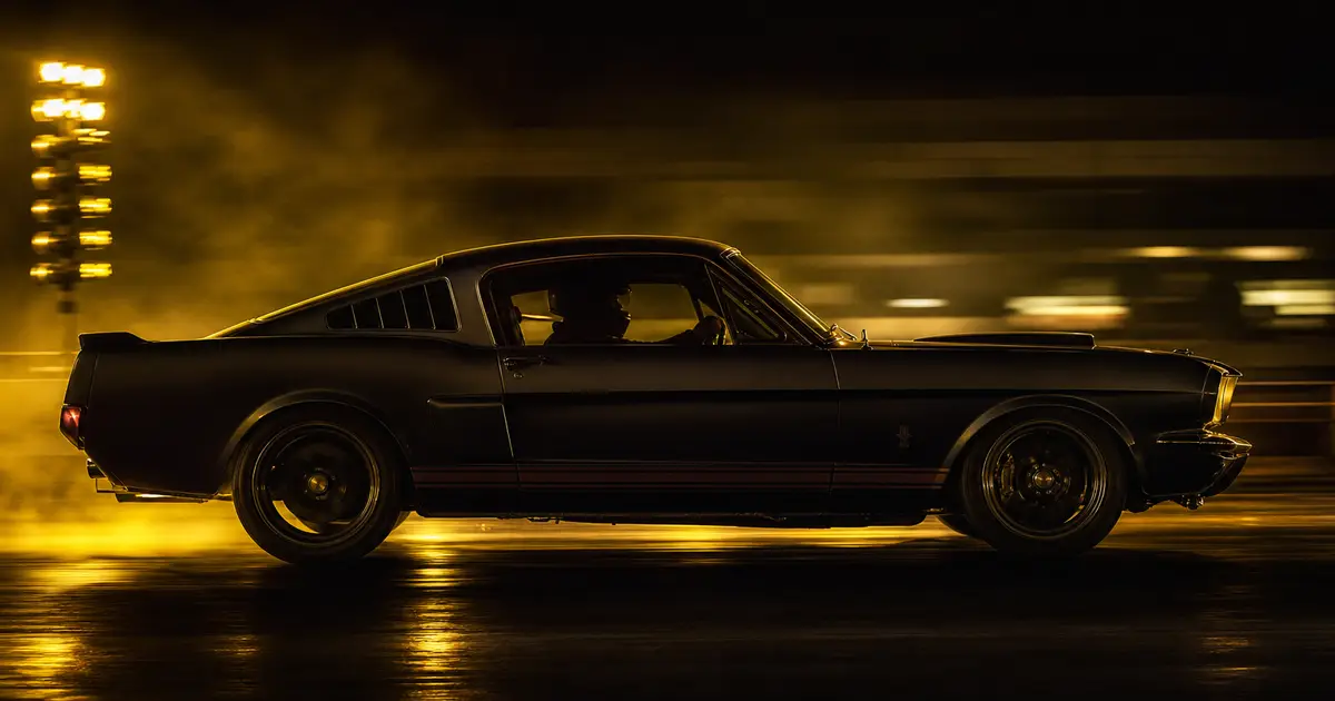 CSR2 Ford Mustang Shelby GT350 Legends on a dark drag strip at night with golden atmospheric lighting